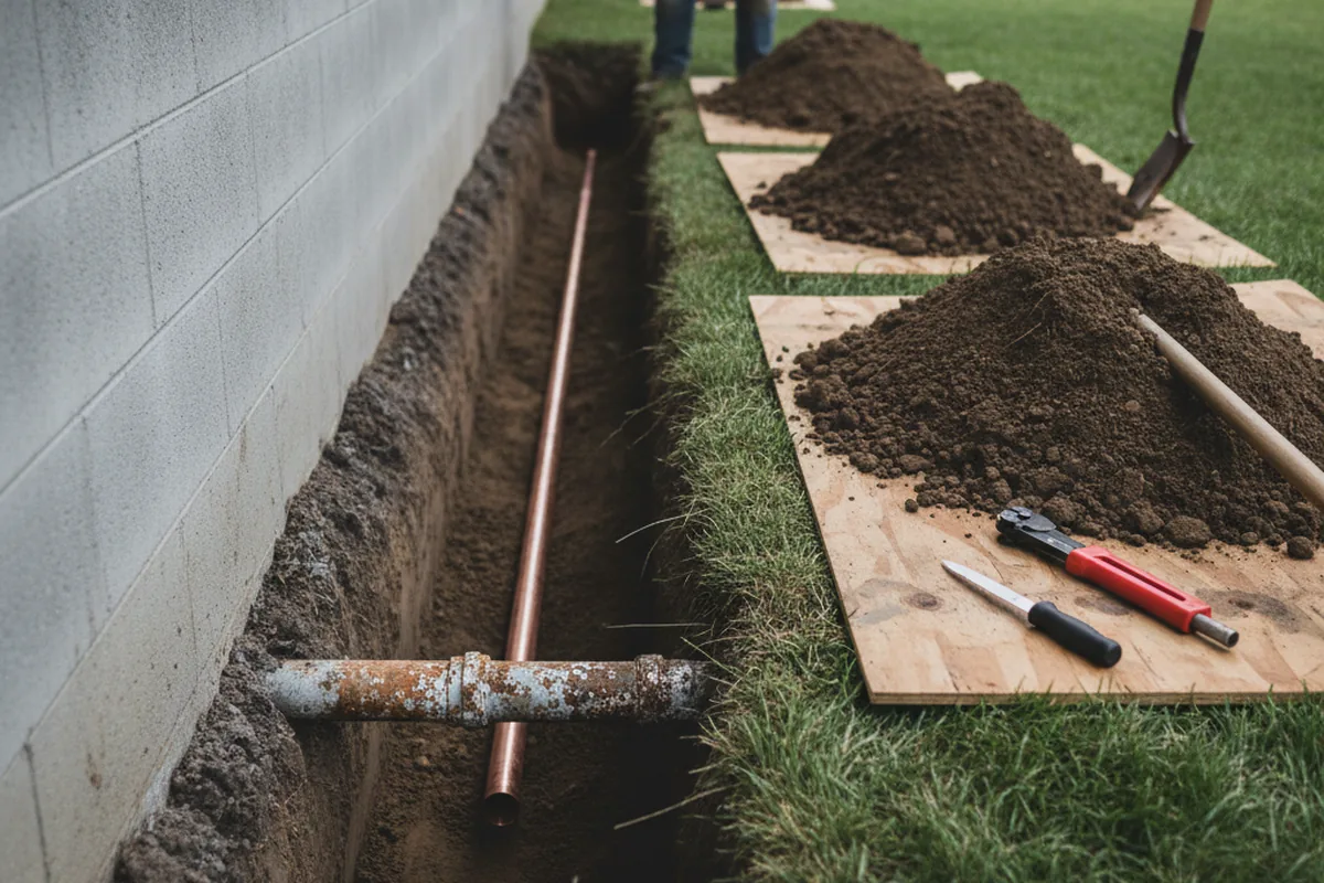 Excavated water line trench during Sewer Line Repair in Mcdaniel